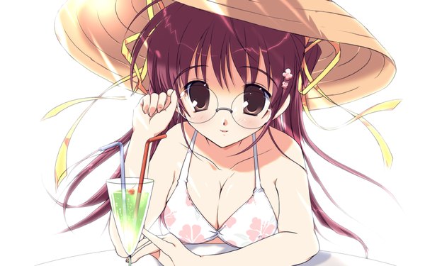 Anime picture 1920x1200 with pink chuchu (artbook) mikeou ko~cha single long hair looking at viewer blush highres light erotic simple background wide image white background brown eyes red hair girl ribbon (ribbons) swimsuit hair ribbon hat bikini
