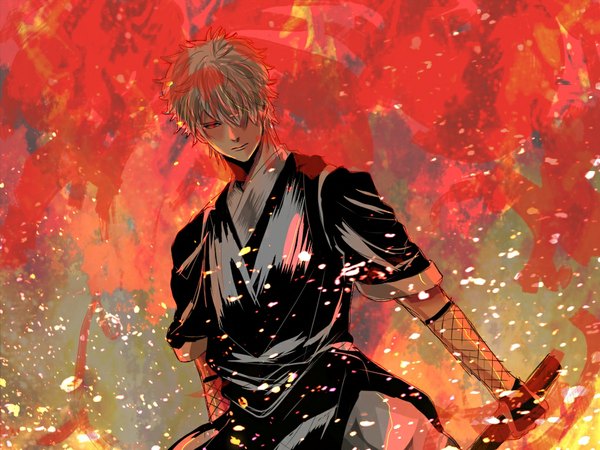 Anime picture 1024x768 with gintama sunrise (studio) sakata gintoki single looking at viewer fringe short hair red eyes silver hair traditional clothes hair over one eye boy