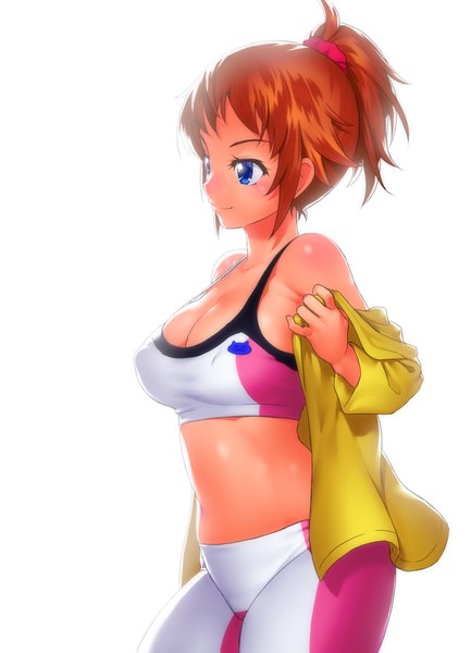 Anime picture 780x1080 with mobile suit gundam gundam build fighters sunrise (studio) hoshino fumina onsoku inu single tall image short hair breasts blue eyes light erotic simple background smile brown hair large breasts white background bare shoulders looking away ponytail bare belly