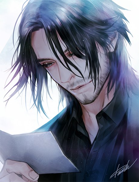 Anime picture 800x1042 with final fantasy final fantasy xv square enix noctis lucis caelum danhu single tall image black hair white background signed head tilt lips open collar messy hair reading bristle boy paper