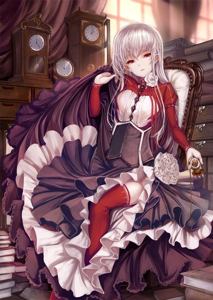 Anime picture 712x1000 with original shiokonbu single long hair tall image looking at viewer red eyes silver hair girl thighhighs dress book (books) clock pocket watch pendulum clock