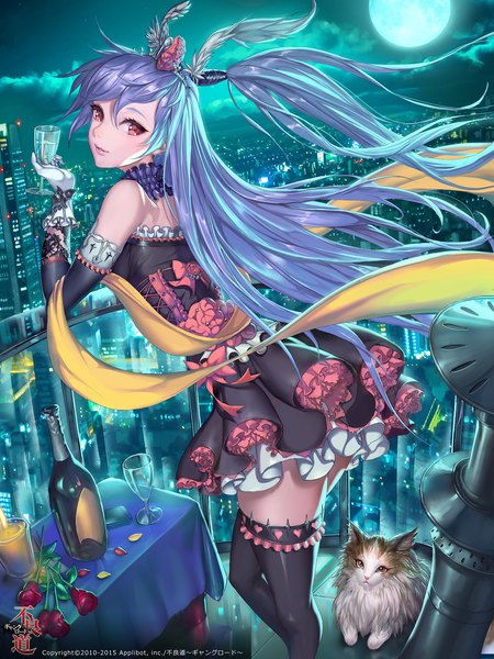 Anime picture 1500x2000 with furyou michi ~gang road~ ozma (ozmakku) single long hair tall image looking at viewer fringe twintails sky purple hair cloud (clouds) pink eyes looking back night night sky city city lights girl thighhighs dress