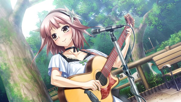 Anime picture 1280x720 with love replica blush short hair smile brown hair wide image brown eyes looking away game cg girl hair ornament plant (plants) tree (trees) guitar microphone stand