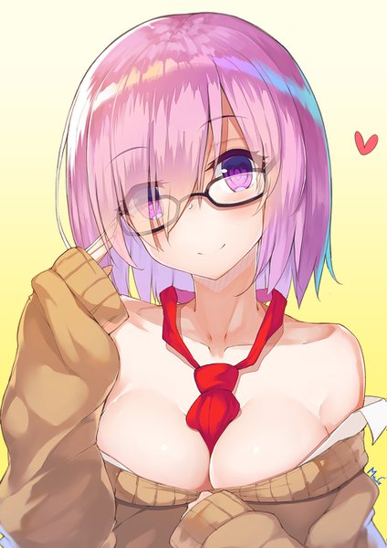Anime picture 919x1300 with fate (series) fate/grand order mash kyrielight mhong single tall image looking at viewer blush fringe short hair breasts light erotic simple background smile purple eyes bare shoulders signed pink hair cleavage upper body