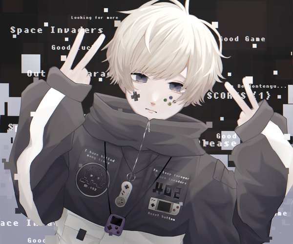 Anime picture 2126x1772 with original 402 (o0 xxx) single looking at viewer fringe highres short hair upper body white hair grey eyes text facial mark victory english clothes writing popped collar boy pendant