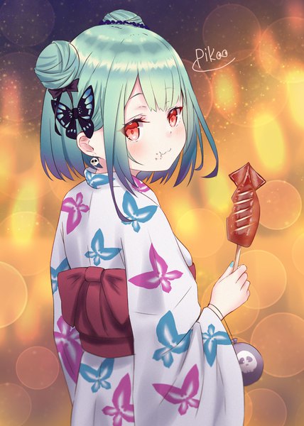 Anime-Bild 2500x3500 mit virtual youtuber hololive uruha rushia pikao single tall image blush highres short hair red eyes signed traditional clothes japanese clothes looking back green hair hair bun (hair buns) lens flare eating animal print butterfly print