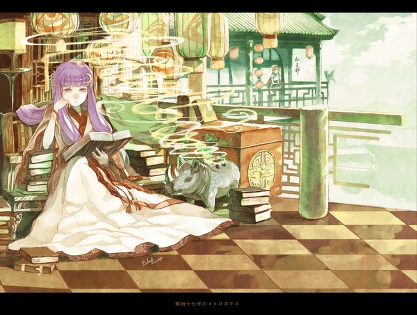 Anime picture 2199x1662 with touhou patchouli knowledge hong meiling cosmic (crownclowncosmic) long hair highres blue eyes smile sitting purple eyes multiple girls purple hair red hair braid (braids) letterboxed smoke crescent girl dress hair ornament
