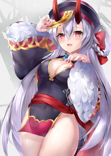 Anime picture 2918x4093 with fate (series) fate/grand order tomoe gozen (fate) hane yuki single long hair tall image looking at viewer blush fringe highres breasts open mouth light erotic hair between eyes red eyes silver hair braid (braids) traditional clothes horn (horns)