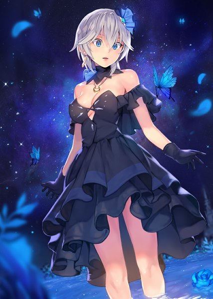 Anime picture 800x1124 with idolmaster idolmaster cinderella girls anastasia (idolmaster) rainmaker single tall image blush fringe breasts blue eyes light erotic standing bare shoulders looking away cleavage silver hair parted lips night bare legs night sky