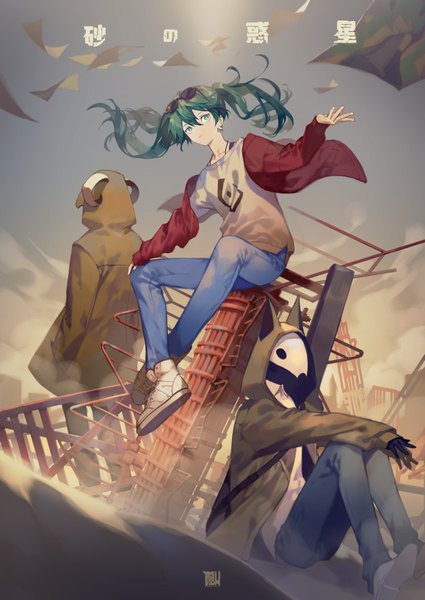 Anime picture 724x1023 with vocaloid suna no wakusei (vocaloid) hatsune miku yamakawa single long hair tall image fringe hair between eyes standing sitting green eyes looking away sky bent knee (knees) wind from behind off shoulder crossed legs back