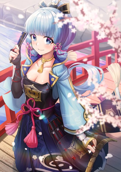Anime picture 1488x2105 with genshin impact kamisato ayaka sora (men0105) single long hair tall image looking at viewer fringe breasts blue eyes smile standing blue hair cleavage ponytail blunt bangs mole wide sleeves mole under eye cherry blossoms