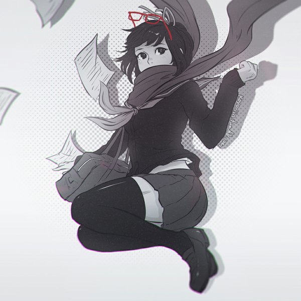 Anime picture 1024x1024 with original koyoriin single looking at viewer blush fringe short hair black hair signed pleated skirt black eyes shadow zettai ryouiki monochrome covering polka dot jumping covering face girl thighhighs