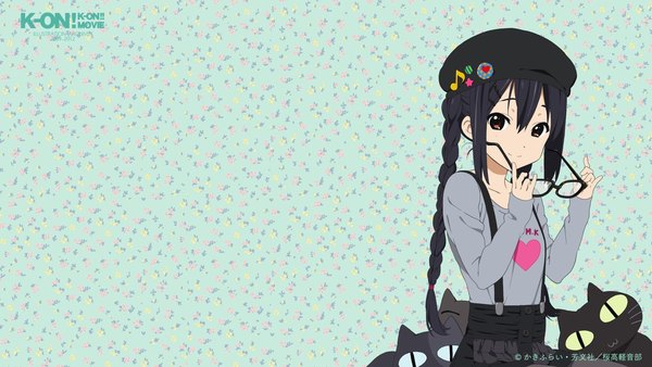 Anime picture 1920x1080 with k-on! kyoto animation nakano azusa tagme (artist) single long hair looking at viewer fringe highres black hair smile hair between eyes wide image twintails brown eyes braid (braids) long sleeves official art wallpaper copyright name