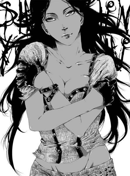 Anime picture 741x1000 with bleach studio pierrot shihouin yoruichi soudwrong single long hair tall image light erotic black hair simple background white background cleavage hug dark skin monochrome girl gloves bracelet