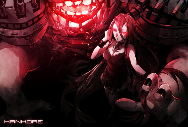 Anime picture 1748x1181 with kantai collection battleship-symbiotic hime otani (gloria) long hair looking at viewer highres open mouth black hair hair between eyes red eyes standing bare shoulders nail polish horn (horns) teeth tattoo dark background saliva pale skin oni horns