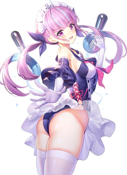 Anime picture 868x1200 with azur lane virtual youtuber hololive minato aqua ririko (zhuoyandesailaer) single long hair tall image looking at viewer blush fringe breasts open mouth light erotic simple background smile standing white background purple eyes twintails