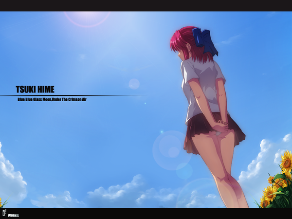 Anime picture 1024x768 with shingetsutan tsukihime type-moon kohaku (tsukihime) ideolo short hair light erotic sky red hair from behind pantyshot legs back letterboxed blue background half updo girl underwear panties bow hair bow