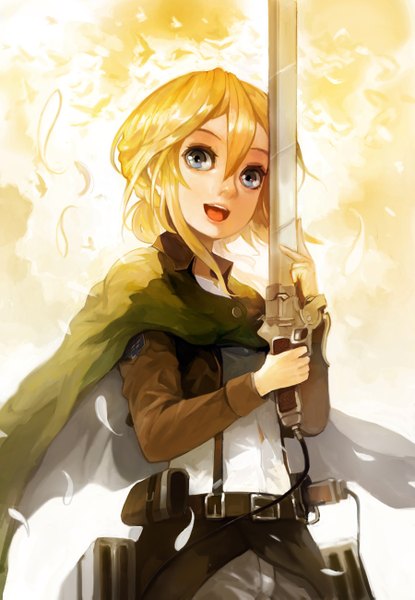 Anime picture 900x1299 with shingeki no kyojin production i.g krista lenz alchemaniac single tall image short hair open mouth blue eyes blonde hair girl uniform weapon petals sword jacket cape wire (wires)