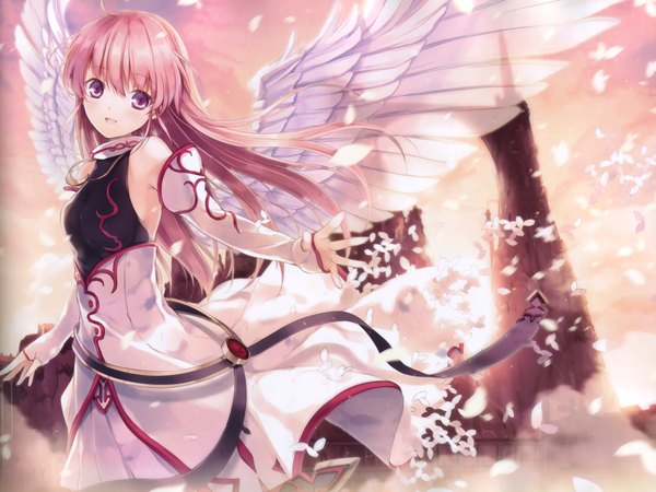 Anime picture 4548x3411 with aiyoku no eustia eustia astraea single long hair fringe highres open mouth smile standing purple eyes pink hair absurdres head tilt wind scan white wings girl dress gloves petals