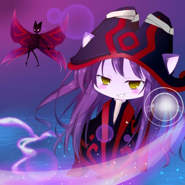 Anime picture 1024x1024 with league of legends lulu (league of legends) single long hair looking at viewer blush smile yellow eyes purple hair fairy girl hat