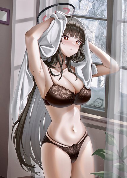 Anime picture 1300x1824 with blue archive rio (blue archive) sensei (blue archive) doodle sensei (blue archive) wol (wol 927) single long hair tall image blush fringe breasts light erotic black hair red eyes large breasts standing looking away blunt bangs mole arms up