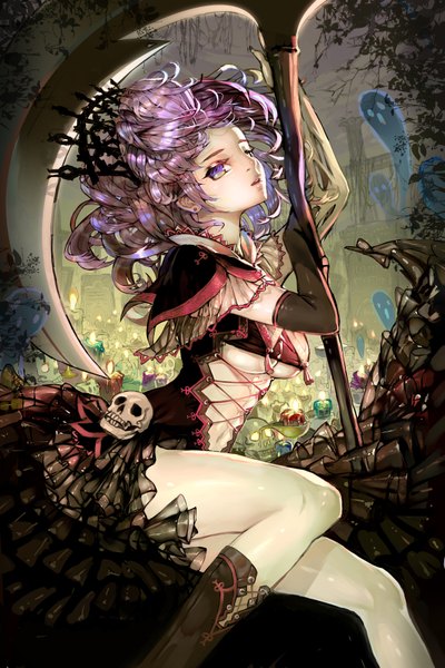 Anime picture 2362x3545 with original crab d single tall image blush highres short hair breasts open mouth light erotic sitting purple eyes holding sky purple hair teeth piercing lacing ghost single shoe