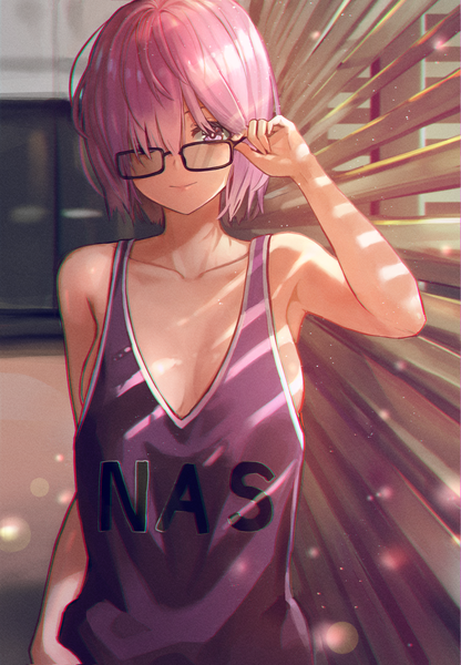 Anime picture 1270x1831 with fate (series) fate/grand order mash kyrielight cp (tlstjdghek) single tall image looking at viewer fringe short hair breasts light erotic smile large breasts standing purple eyes bare shoulders pink hair cleavage upper body indoors