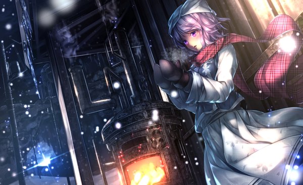 Anime picture 1637x1000 with touhou letty whiterock ryosios single blush short hair wide image purple eyes looking away silver hair dutch angle snowing winter exhalation girl dress scarf cap snowflake (snowflakes) mittens