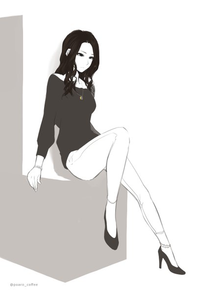 Anime picture 1983x2955 with original poaro single long hair tall image highres simple background white background sitting bare shoulders grey hair grey eyes looking down monochrome wavy hair girl bracelet pants necklace