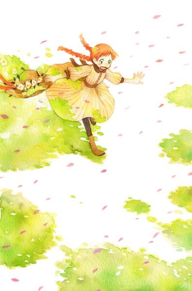 Anime picture 611x924 with anne of green gables nippon animation anne shirley kuzira kirara single long hair tall image blush open mouth white background green eyes braid (braids) from above orange hair twin braids happy spread arms running traditional media watercolor (medium)