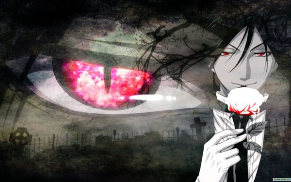 Anime picture 1440x900 with kuroshitsuji a-1 pictures sebastian michaelis short hair black hair red eyes wide image light smile demon boy gloves plant (plants) tree (trees) rose (roses) tombstone
