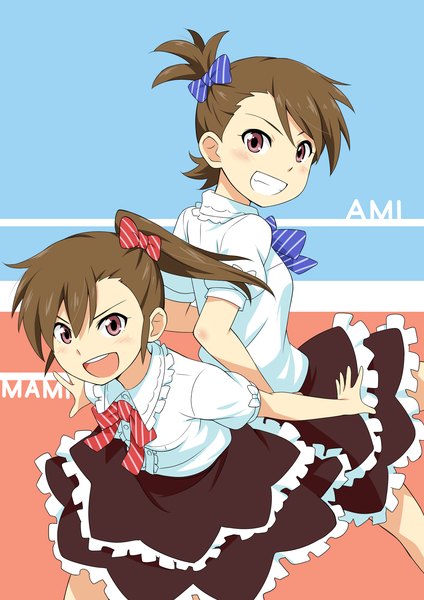 Anime picture 1500x2121 with idolmaster futami mami futami ami cutefreak tall image looking at viewer blush short hair open mouth smile red eyes brown hair multiple girls girl dress bow 2 girls hair bow bowtie