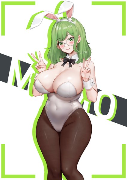 Anime picture 1190x1684 with original momo (jubi) jubi (regiana) single tall image looking at viewer blush short hair breasts open mouth light erotic smile white background green eyes signed animal ears green hair bunny ears character names huge breasts