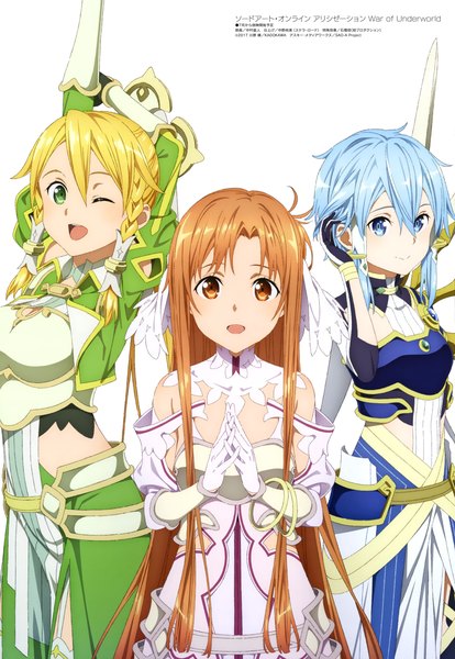 Anime picture 4078x5916 with sword art online sword art online: alicization a-1 pictures megami magazine yuuki asuna asada shino leafa nakamura naoto long hair tall image looking at viewer fringe highres short hair open mouth blue eyes simple background blonde hair smile hair between eyes