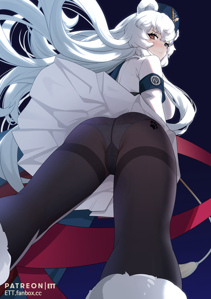 Anime picture 1518x2150 with arknights rosa (arknights) ett single long hair tall image looking at viewer blush fringe blue eyes light erotic simple background hair between eyes red eyes standing signed animal ears ass white hair looking back