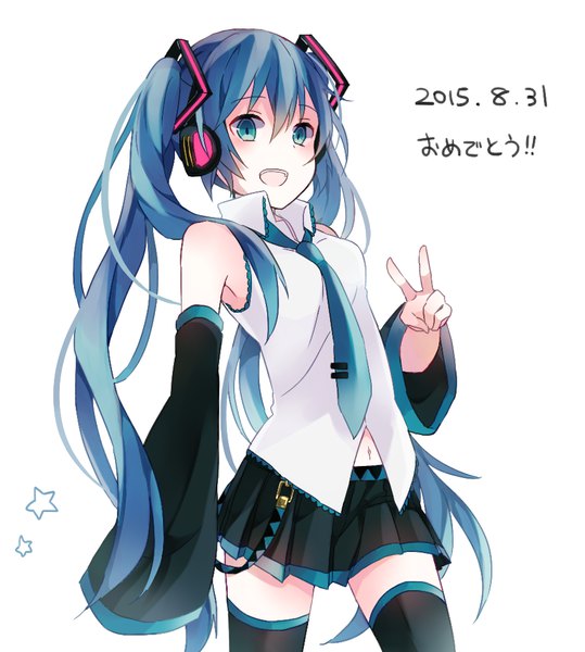 Anime picture 920x1024 with vocaloid hatsune miku kaneko aaru single long hair tall image fringe simple background hair between eyes white background twintails blue hair aqua eyes inscription zettai ryouiki dated victory girl thighhighs black thighhighs