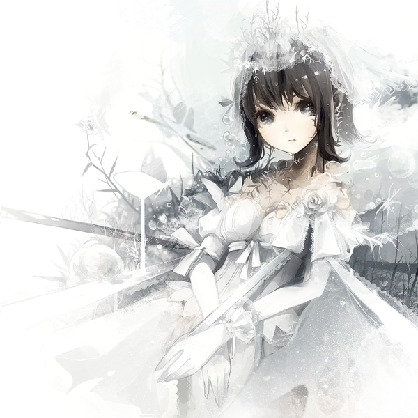 Anime picture 900x900 with original asahiro single looking at viewer fringe short hair black hair white background cleavage black eyes glowing glowing eye (eyes) pale skin girl dress gloves flower (flowers) bow plant (plants) white gloves