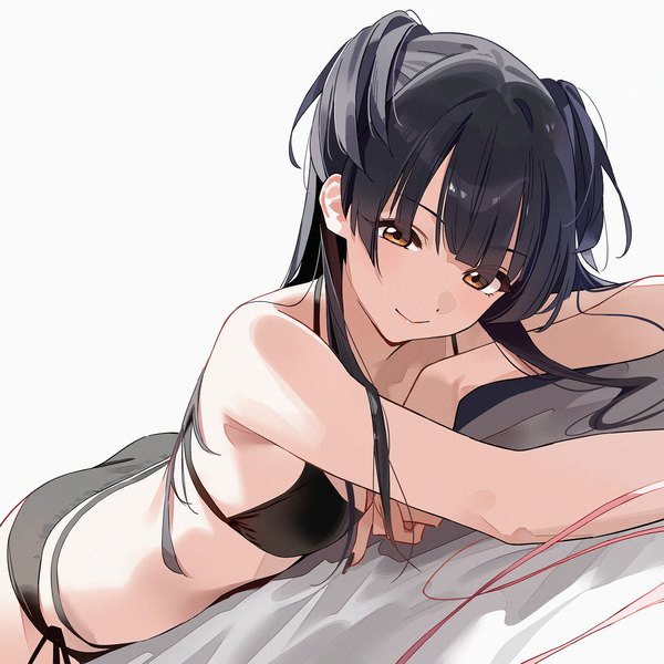 Anime picture 1536x1536 with idolmaster idolmaster shiny colors mayuzumi fuyuko kinjin single long hair looking at viewer fringe breasts light erotic black hair simple background smile red eyes white background lying blunt bangs nail polish fingernails on stomach