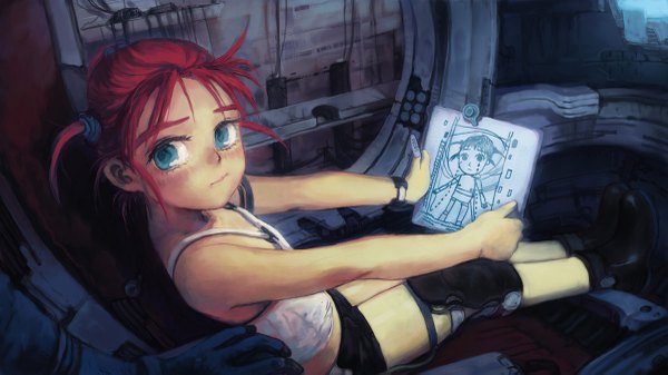 Anime picture 1200x675 with coocooon looking at viewer short hair blue eyes wide image sitting pink hair loli drawing girl bracelet knee pads