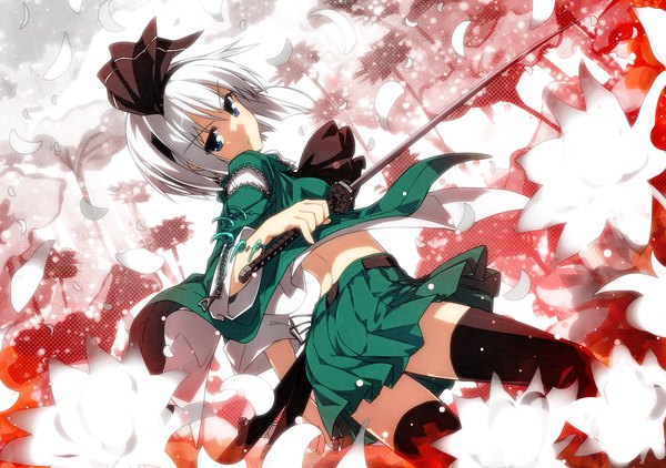 Anime picture 2480x1748 with touhou konpaku youmu sazanami mio single looking at viewer highres short hair blue eyes pleated skirt looking back wind girl thighhighs skirt flower (flowers) bow black thighhighs hair bow petals sword