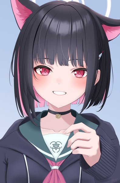 Anime picture 1457x2215 with blue archive kazusa (blue archive) yoshiki 3821 single tall image looking at viewer fringe short hair black hair simple background smile red eyes animal ears upper body blunt bangs multicolored hair fingernails cat ears two-tone hair grin