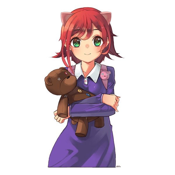 Anime picture 1000x1000 with league of legends annie (league of legends) tibbers (league of legends) nellen single looking at viewer blush short hair simple background smile white background green eyes animal ears red hair girl dress toy stuffed animal teddy bear