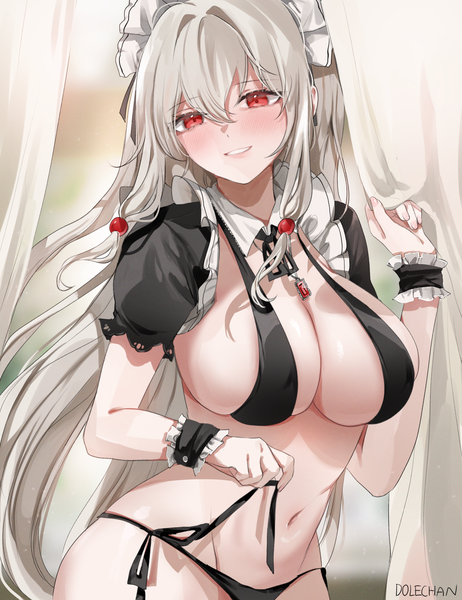 Anime picture 2000x2600 with original dolechan single long hair tall image looking at viewer blush fringe highres breasts light erotic smile hair between eyes red eyes large breasts standing signed silver hair upper body parted lips
