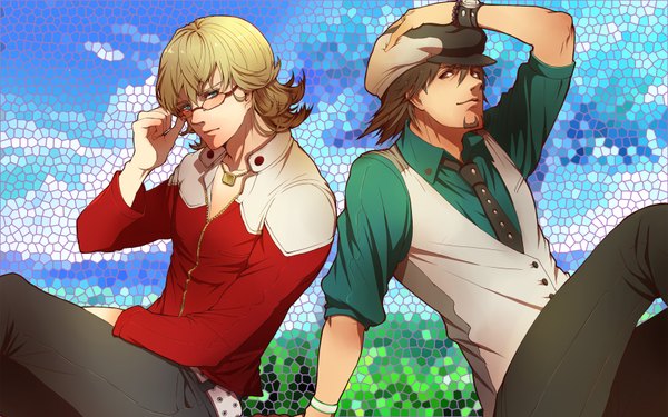 Anime picture 1680x1050 with tiger & bunny sunrise (studio) kaburagi t. kotetsu barnaby brooks jr. senano-yu short hair blonde hair brown hair wide image sitting brown eyes green eyes multiple boys back to back boy shirt glasses necktie jacket bracelet