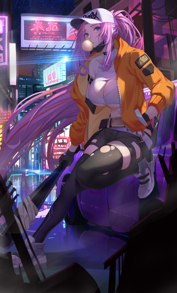 Anime picture 2600x4300 with original netural single tall image looking at viewer fringe highres breasts blue eyes light erotic large breasts holding pink hair cleavage full body bent knee (knees) outdoors ponytail long sleeves very long hair