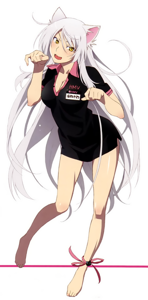 Anime picture 1260x2550 with bakemonogatari shaft (studio) monogatari (series) hanekawa tsubasa black hanekawa watanabe akio single long hair tall image blush fringe breasts open mouth standing white background animal ears yellow eyes looking away cleavage white hair