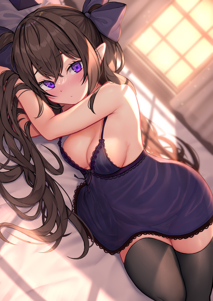 Anime picture 1447x2047 with touhou himekaidou hatate wowoguni single long hair tall image looking at viewer blush fringe breasts light erotic hair between eyes brown hair large breasts purple eyes twintails indoors lying pointy ears sunlight
