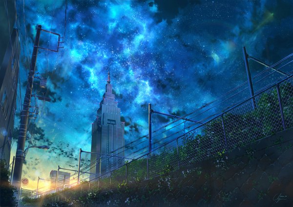 Anime picture 1920x1357 with original niko p highres signed cloud (clouds) wallpaper city evening no people scenic morning sunrise tokyo flower (flowers) plant (plants) building (buildings) star (stars) grass fence power lines
