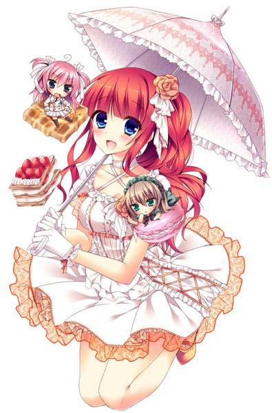Anime picture 659x1000 with original sorai shin'ya long hair tall image blush open mouth simple background white background multiple girls red hair chibi girl dress gloves 2 girls food frills sweets umbrella cake