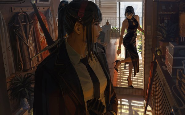 Anime picture 8996x5623 with original guweiz fringe highres short hair black hair standing multiple girls payot looking away absurdres full body upper body ponytail indoors traditional clothes profile realistic high heels standing on one leg